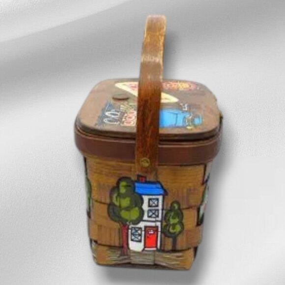 Vintage MCM Caro-Nan Basket Purse Signed Grand Rapids Streetscape Hand Painted - Picture 3 of 14